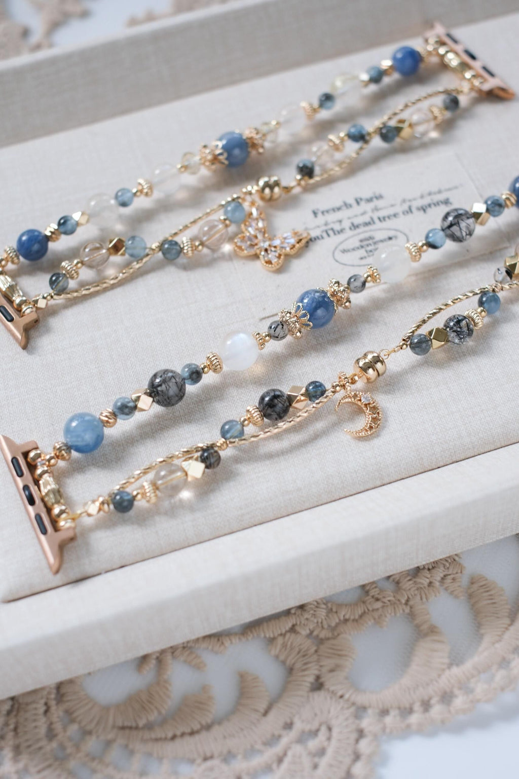 Moonlit Azure Beaded Watch Band Bracelet with Moon & Butterfly Charms