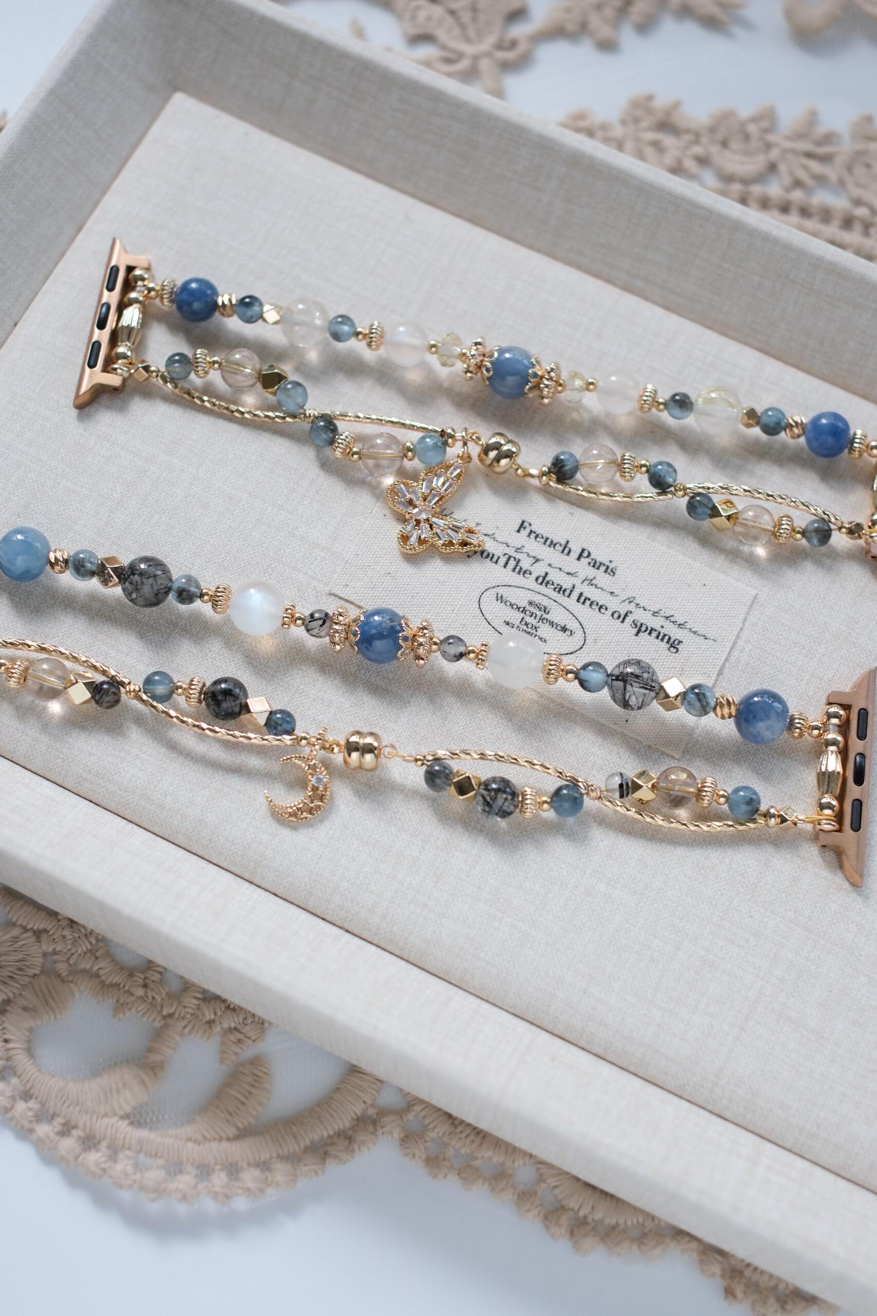 Moonlit Azure Beaded Watch Band Bracelet with Moon & Butterfly Charms