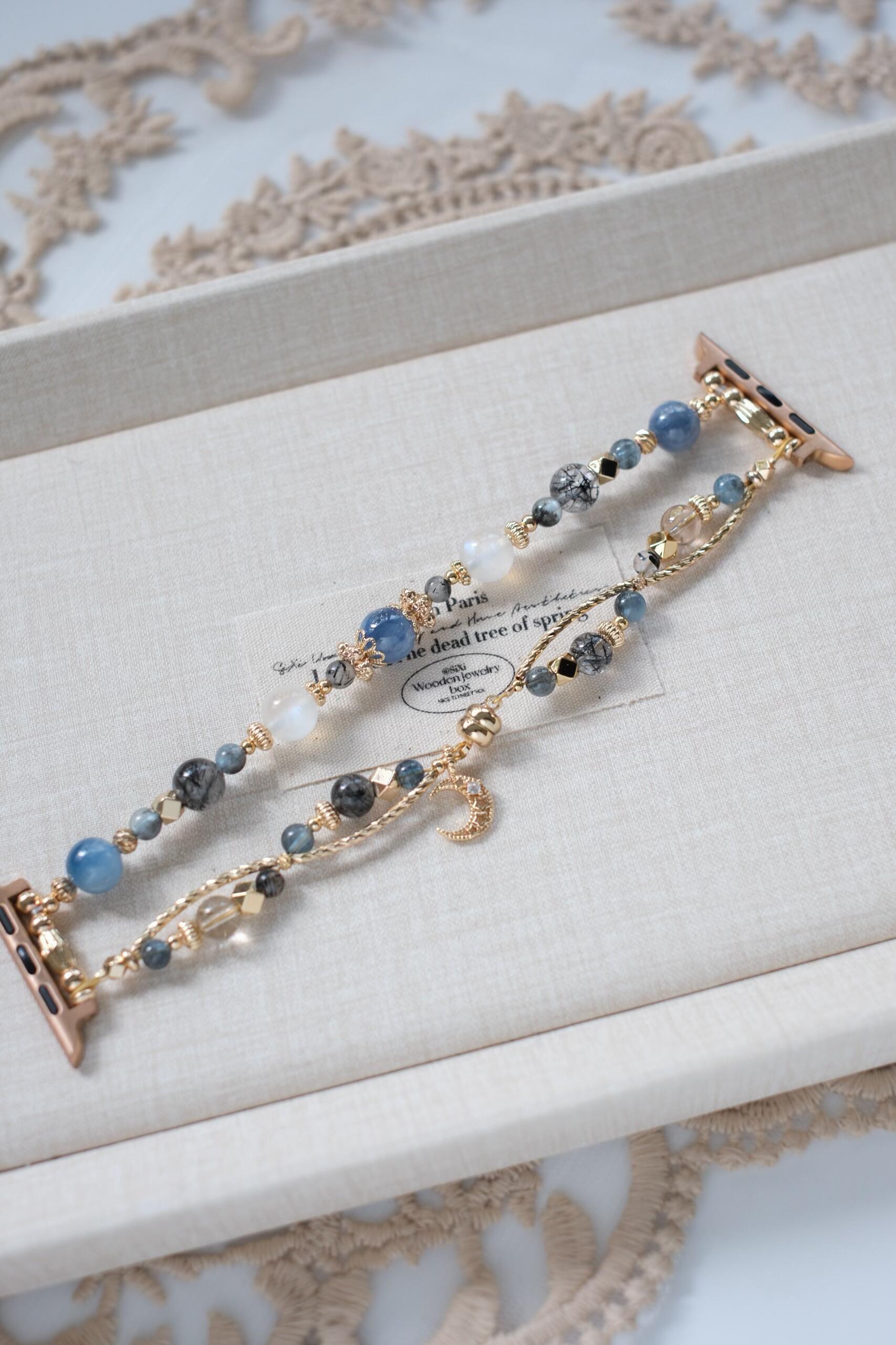 Moonlit Azure Beaded Watch Band Bracelet with Moon & Butterfly Charms